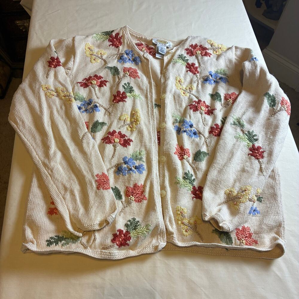 Talbots Petites Floral Embroidered Cardigan Sweater Med Cottagecore Ramie Cotton